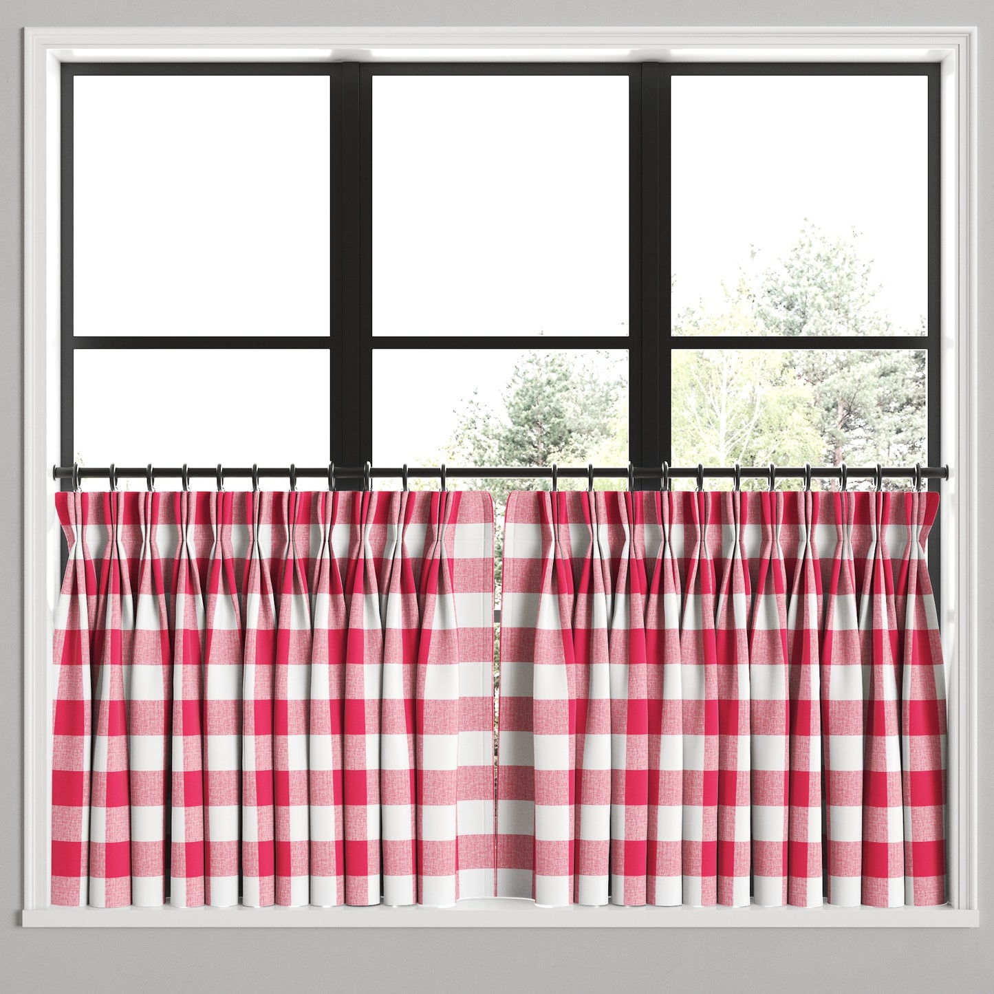Pinch Pleat Cafe Curtains in Buffalo Check - Flamingo