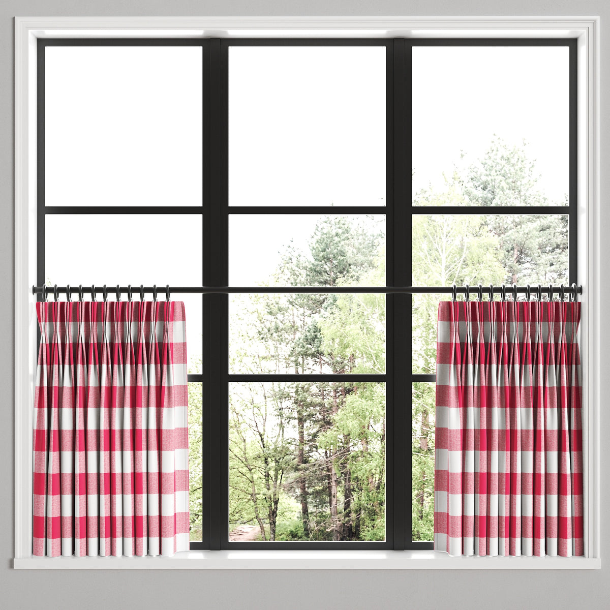 Pinch Pleat Cafe Curtains in Buffalo Check - Flamingo