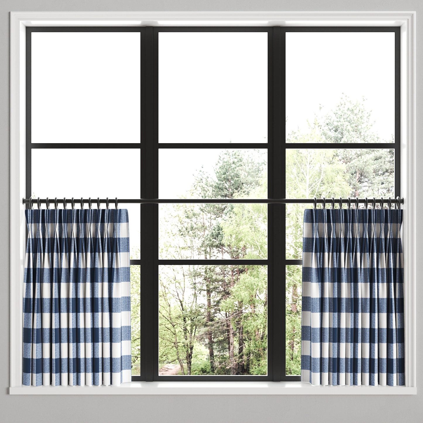 Pinch Pleat Cafe Curtains in Buffalo Check - Navy