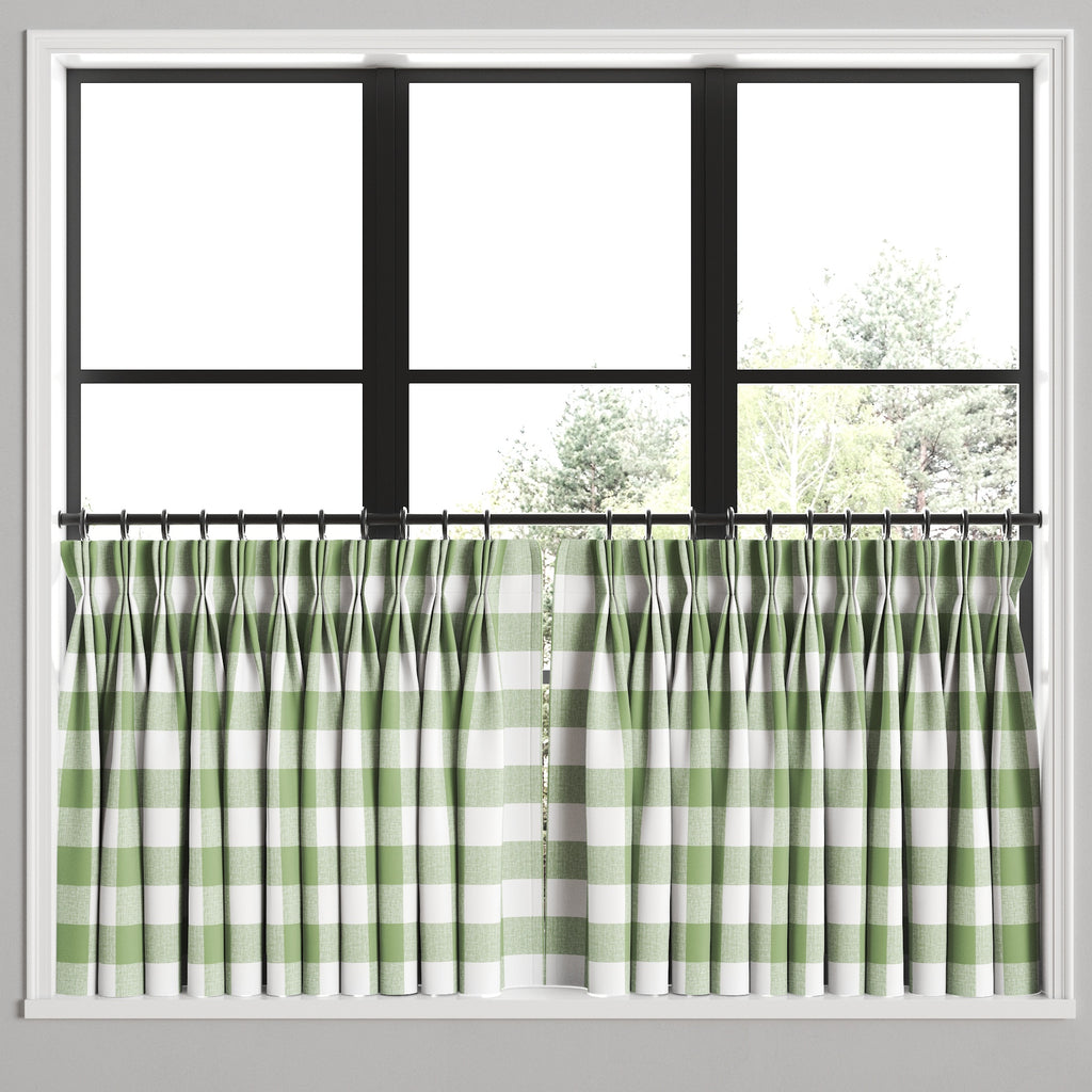Pinch Pleat Cafe Curtains in Buffalo Check - Sage