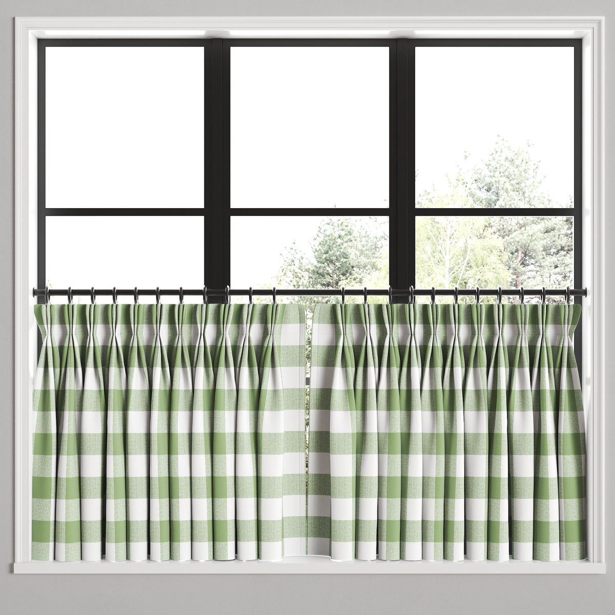 Pinch Pleat Cafe Curtains in Buffalo Check - Sage