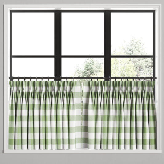 Pinch Pleat Cafe Curtains in Buffalo Check - Sage