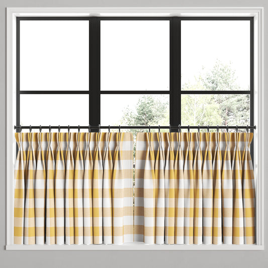 Pinch Pleat Cafe Curtains in Buffalo Check - Sunny