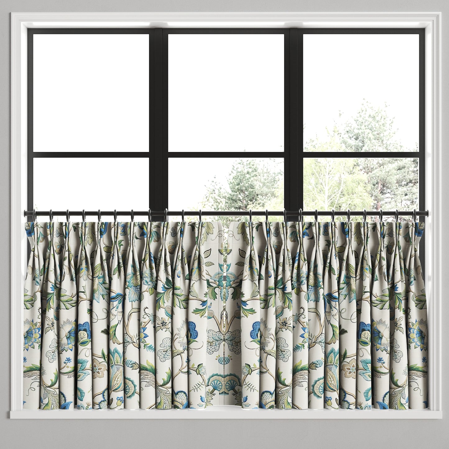 Pinch Pleat Cafe Curtains in Fleur de Leaf - True Blue