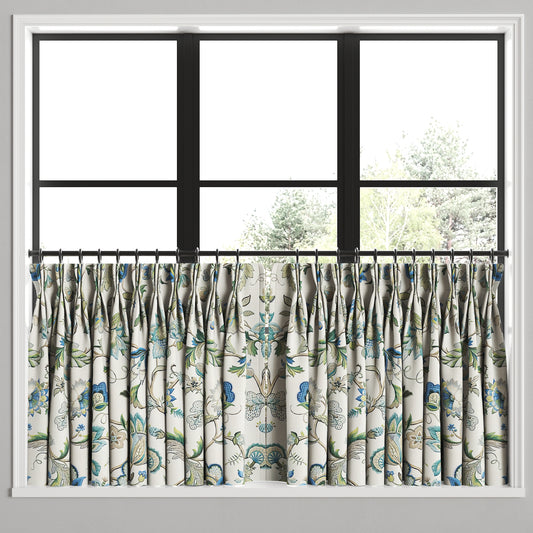Pinch Pleat Cafe Curtains in Fleur de Leaf - True Blue