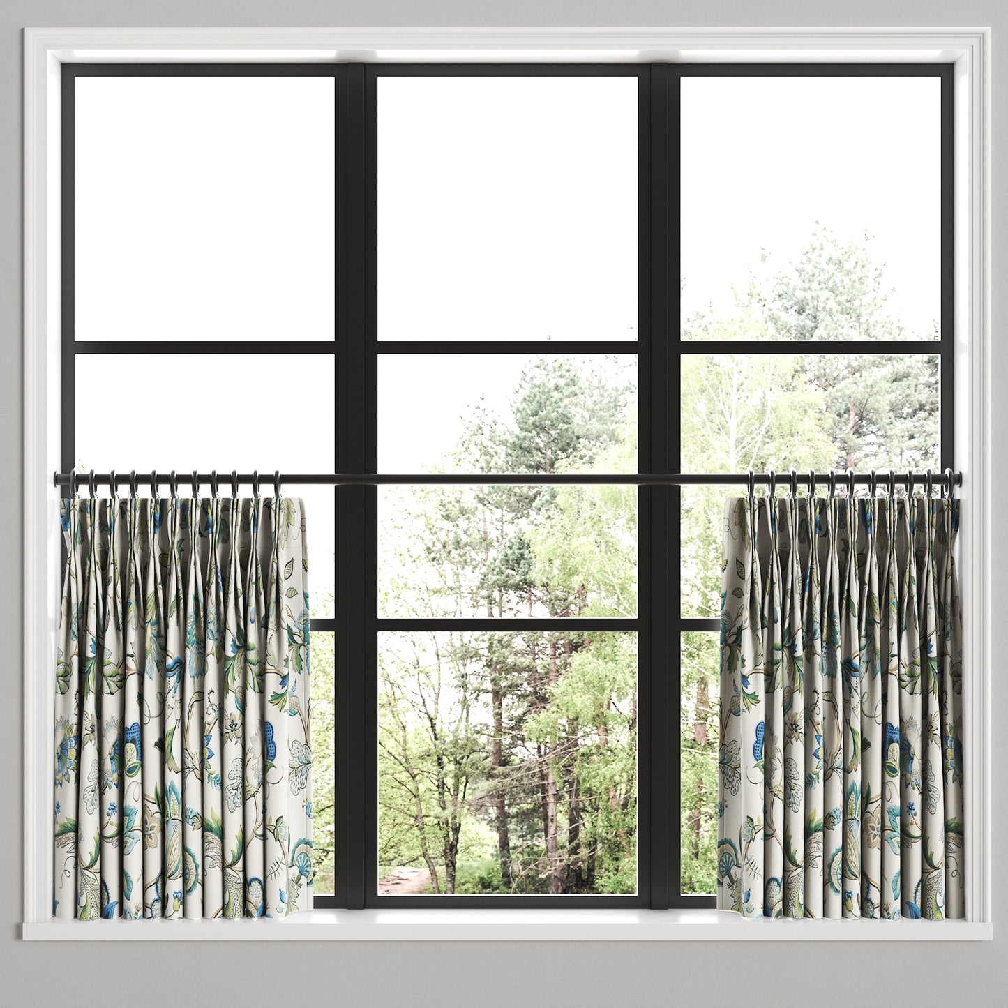 Pinch Pleat Cafe Curtains in Fleur de Leaf - True Blue
