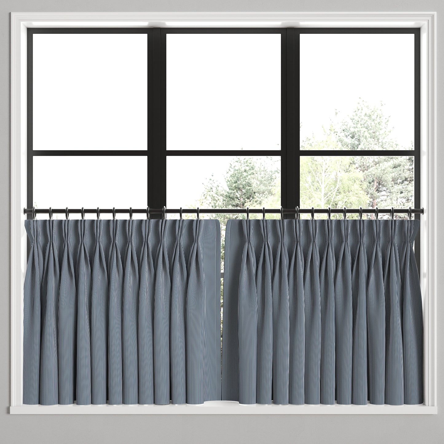 Pinch Pleat Cafe Curtains in Little White Line - Blueberry