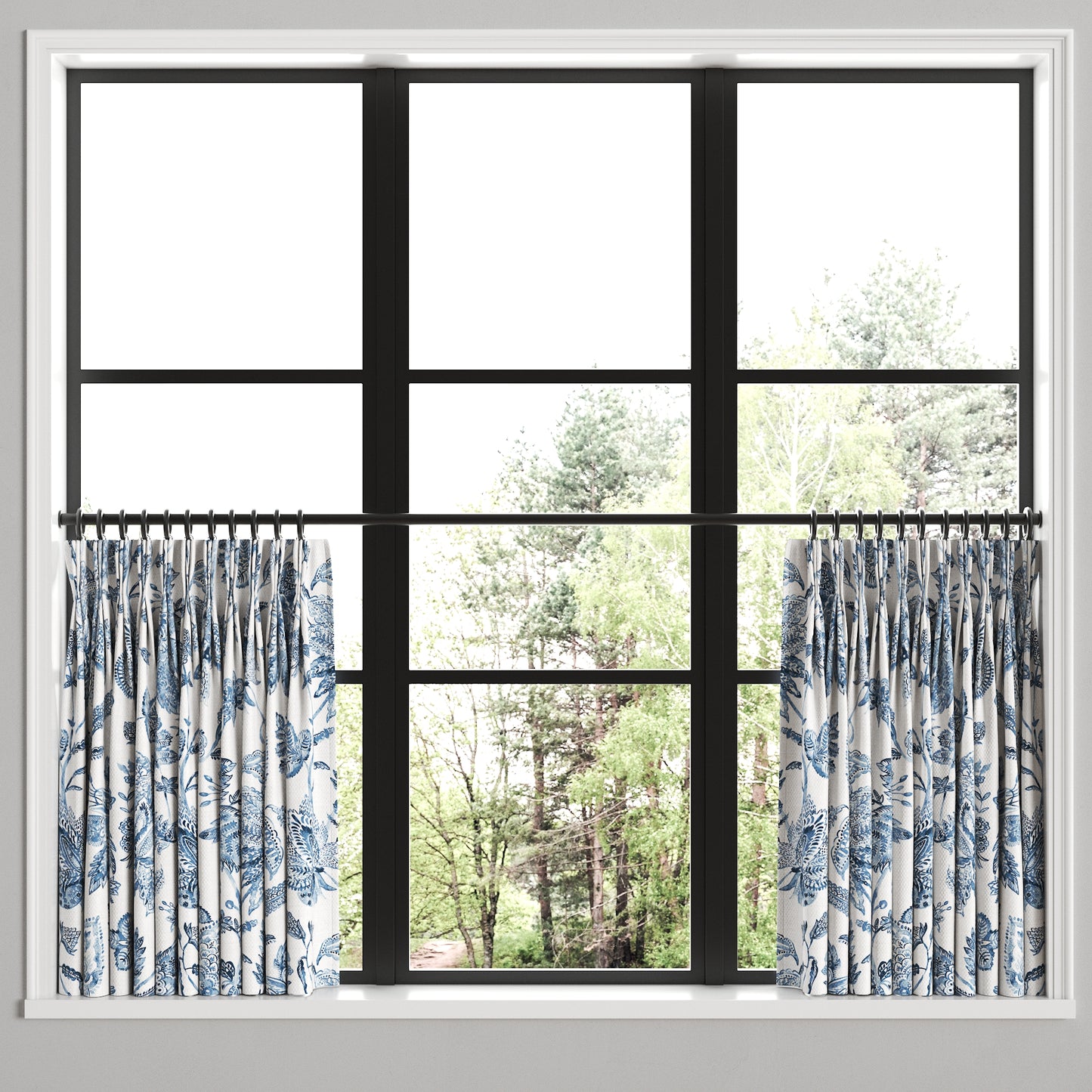 Pinch Pleat Cafe Curtains in Toile - Blue Skies