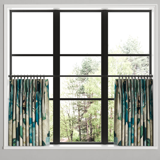 Pinch Pleat Cafe Curtains in Garden Tea Time - Blue Haze