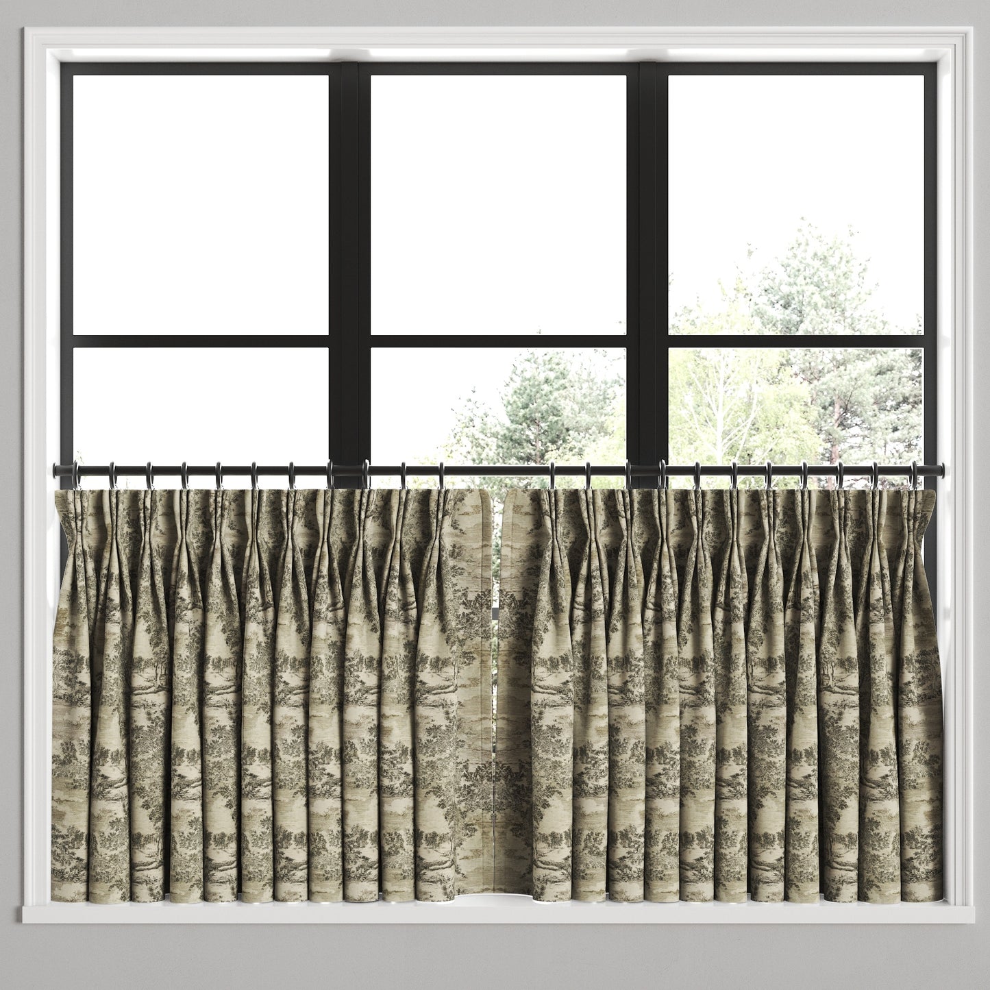 Pinch Pleat Cafe Curtains in Country Toile - Onyx