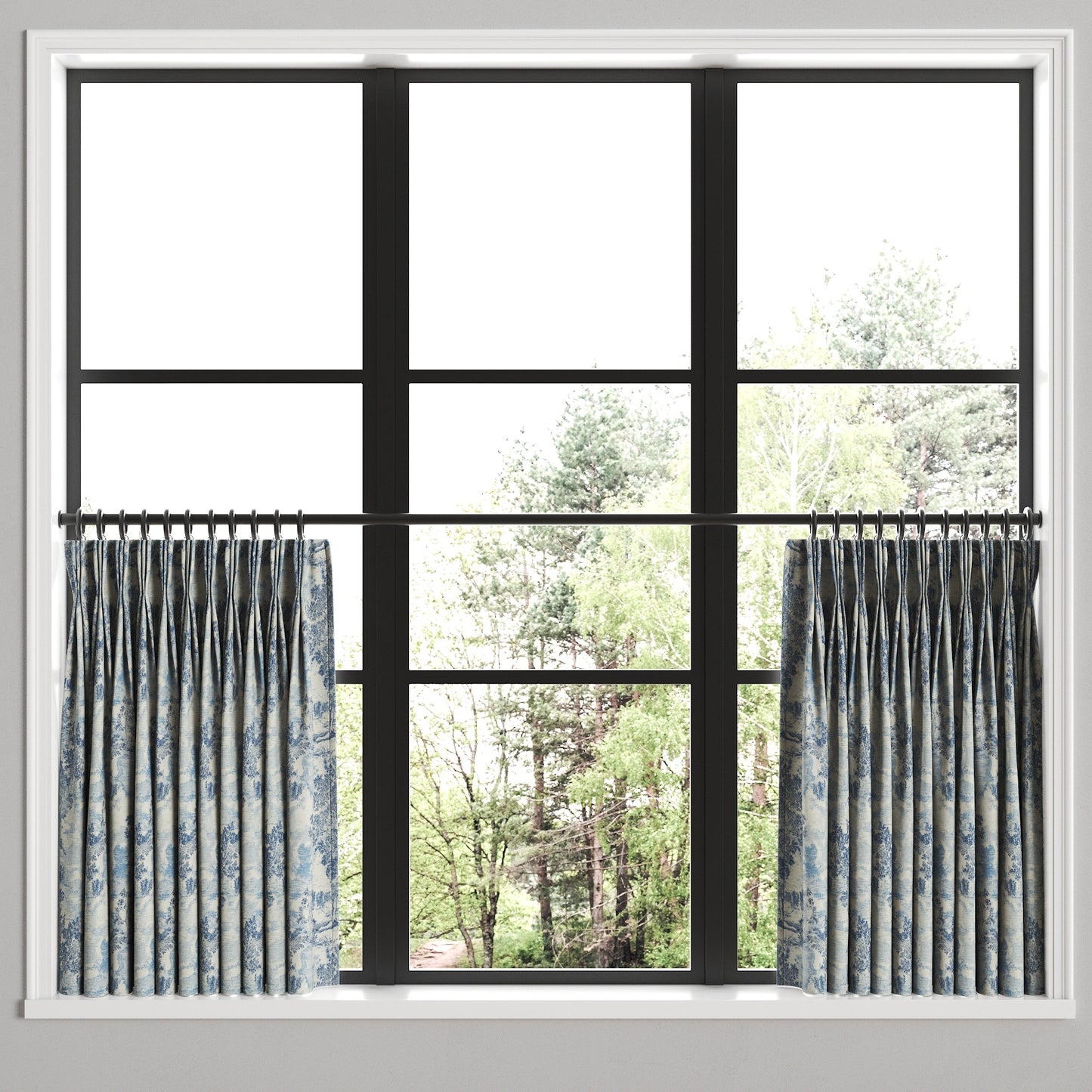 Pinch Pleat Cafe Curtains in Country Toile - Sapphire