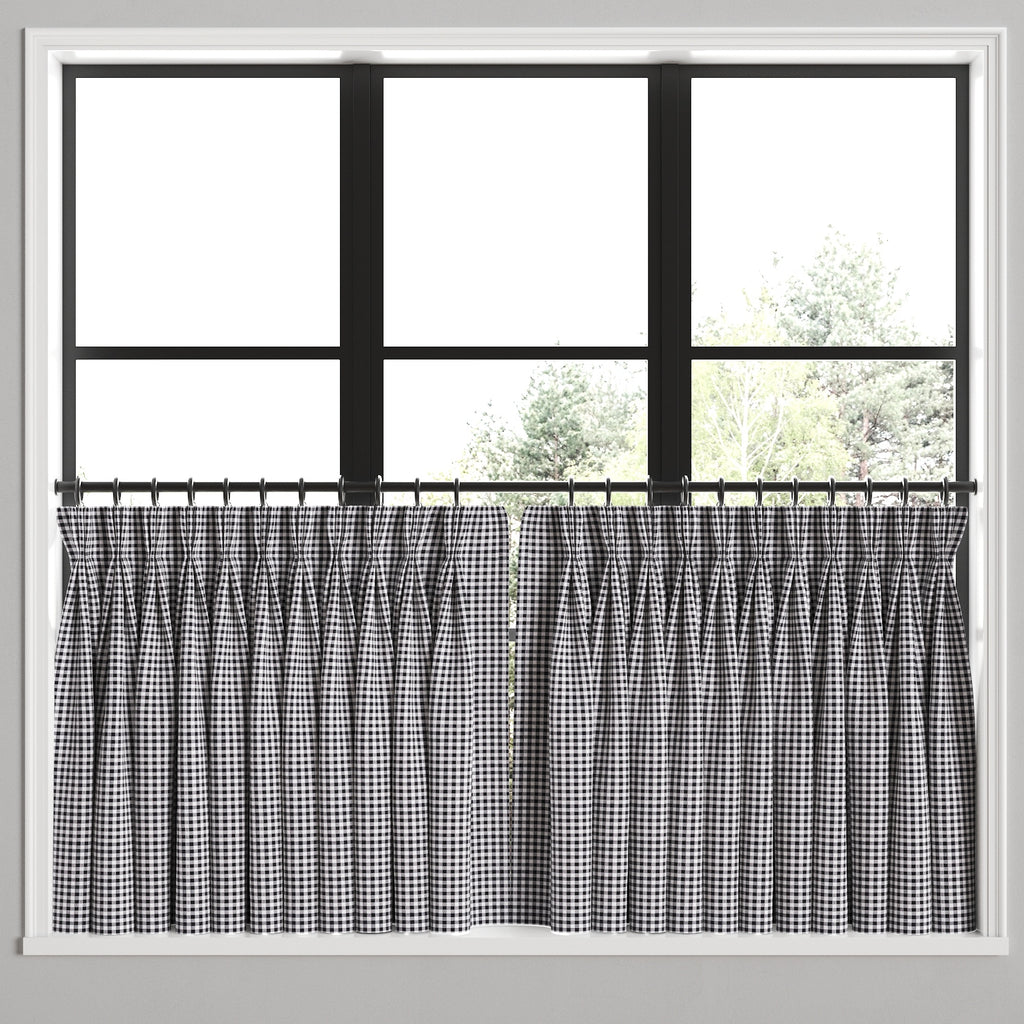 Pinch Pleat Cafe Curtains in Gingham - Black