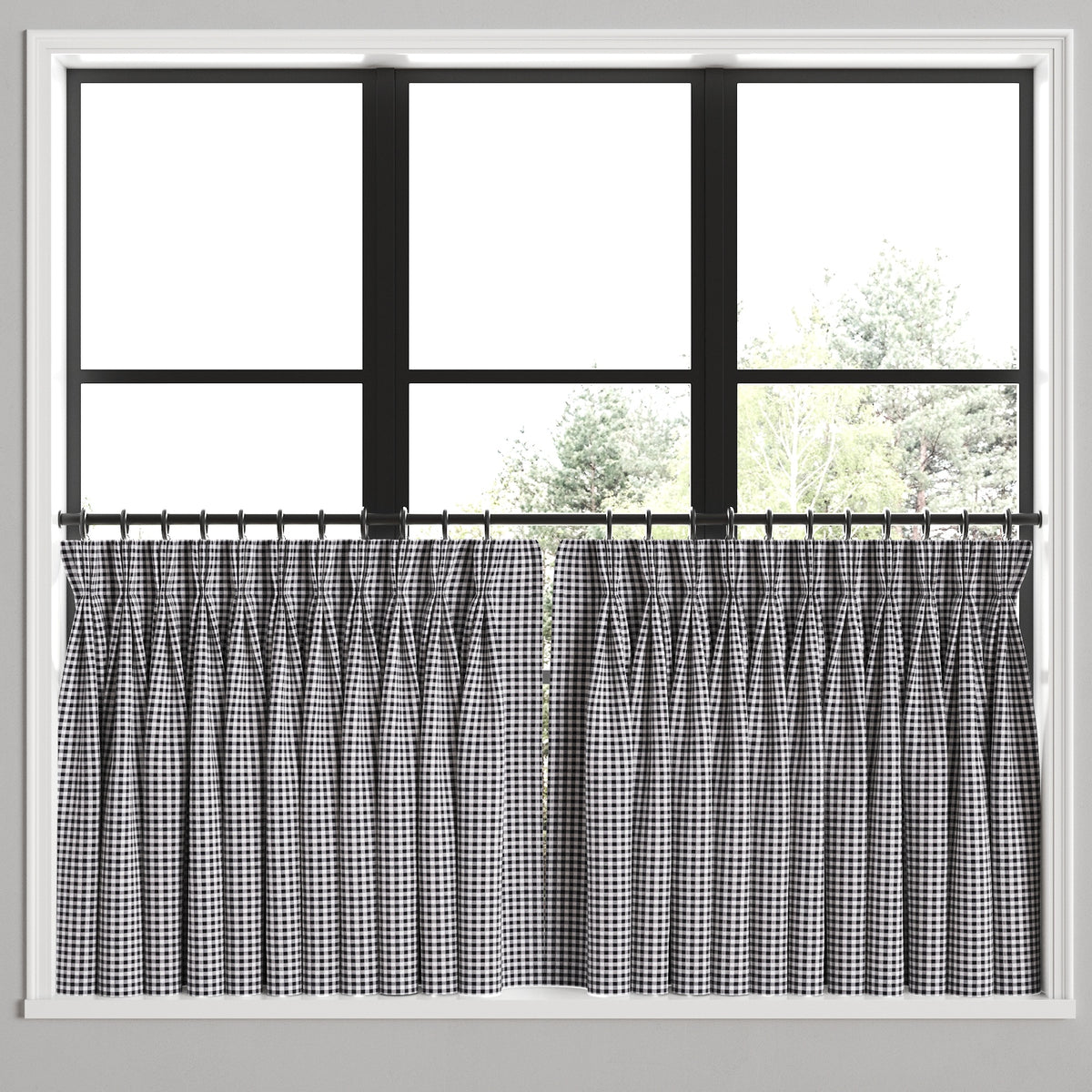 Pinch Pleat Cafe Curtains in Gingham - Black