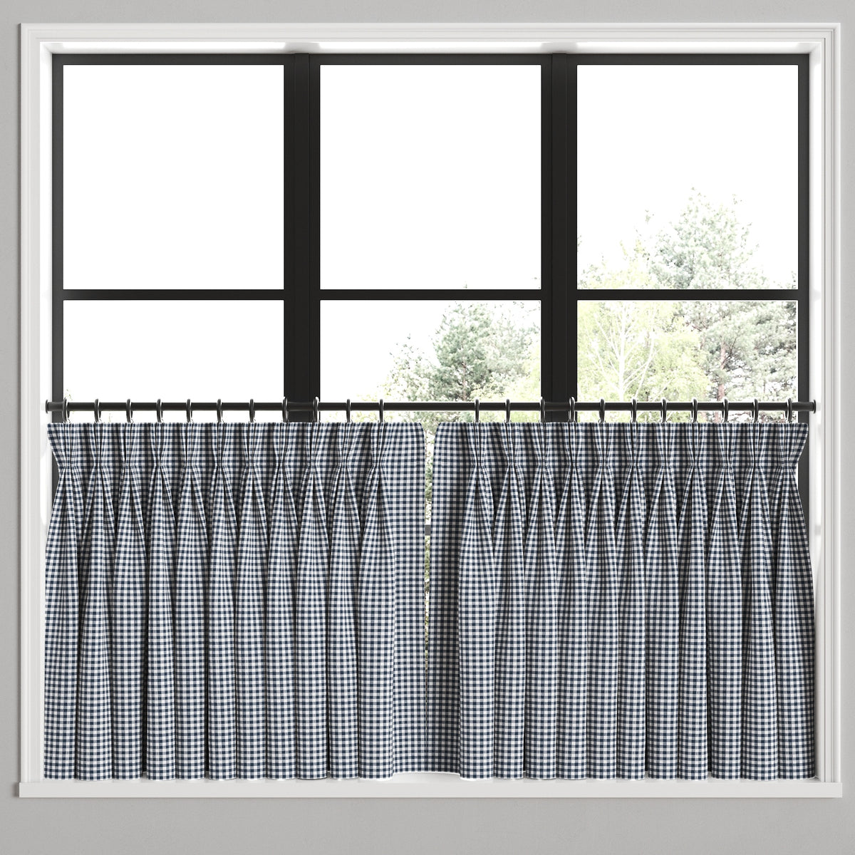 Pinch Pleat Cafe Curtains in Gingham - Navy