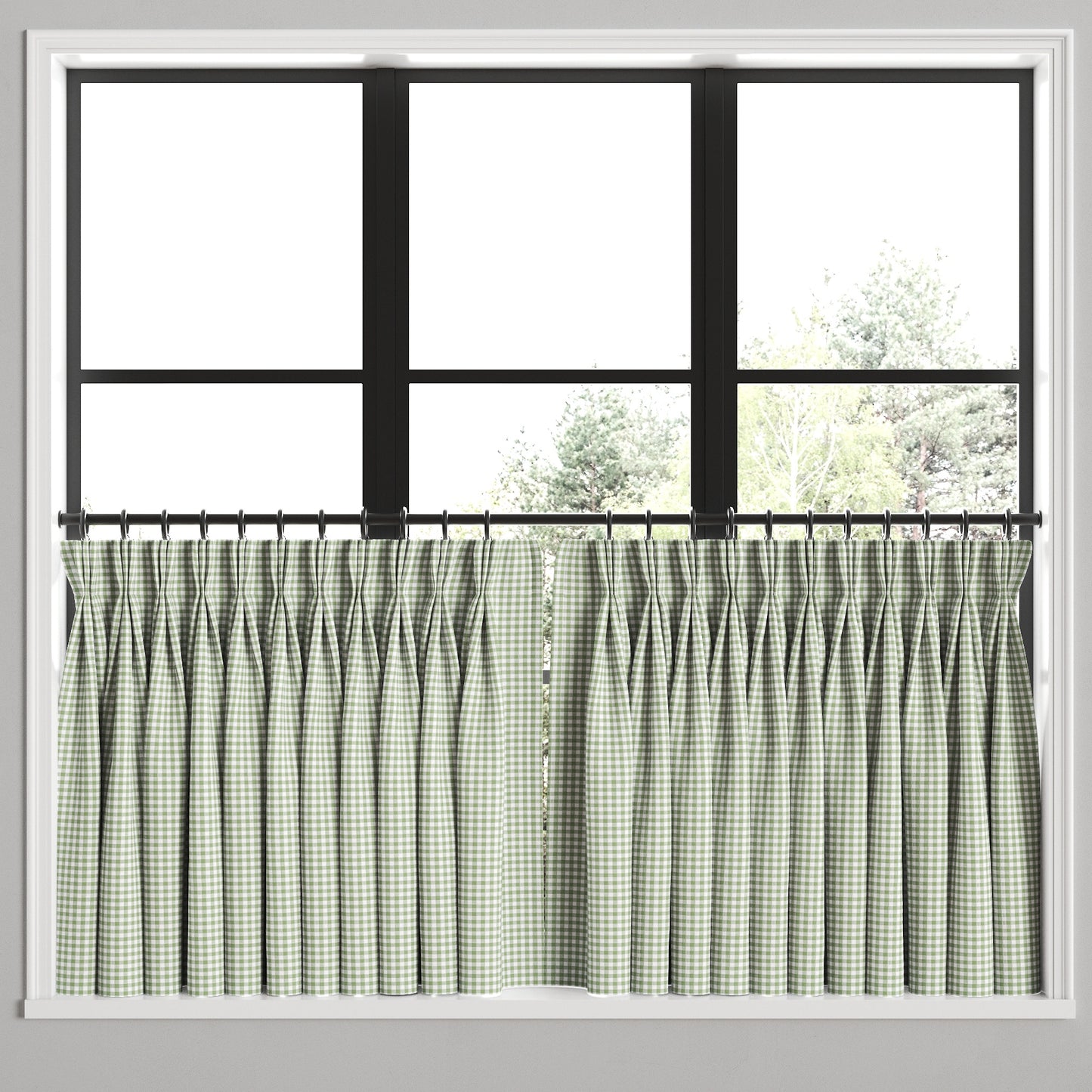 Pinch Pleat Cafe Curtains in Gingham - Sage