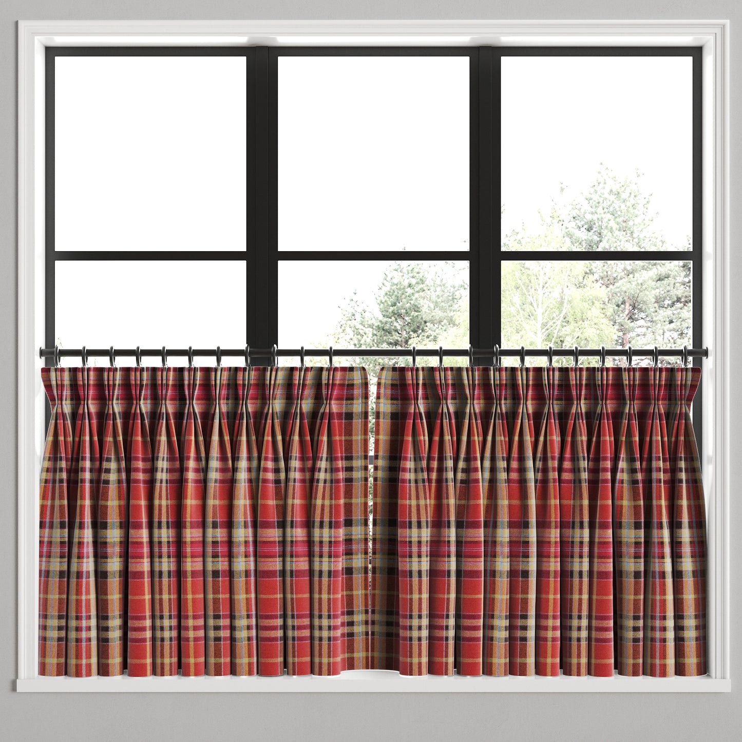 Pinch Pleat Cafe Curtains in Tartan - Redwood