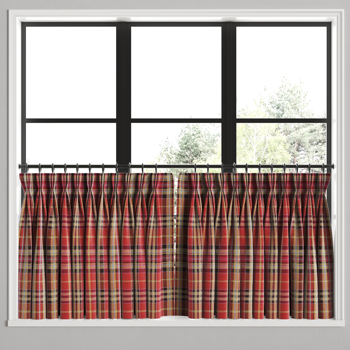 Pinch Pleat Cafe Curtains in Tartan - Redwood