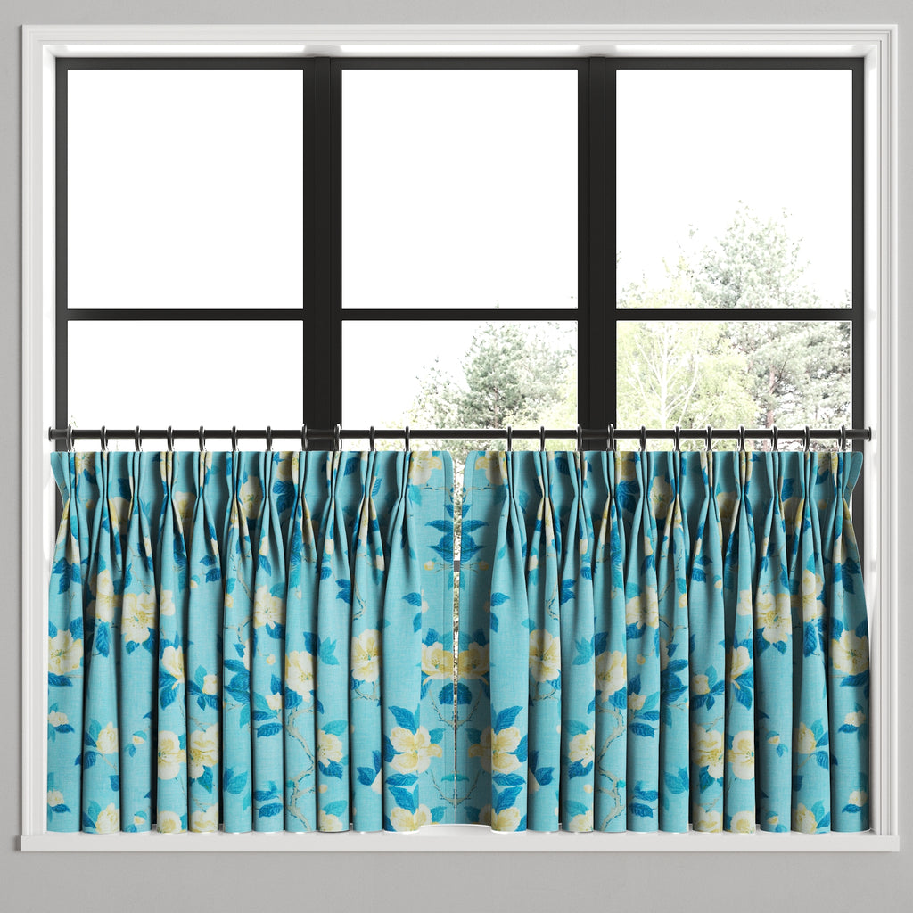 Pinch Pleat Cafe Curtains in Grandma's Floral - Pale Blue