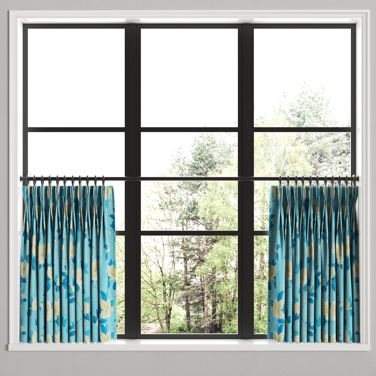 Pinch Pleat Cafe Curtains in Grandma's Floral - Pale Blue