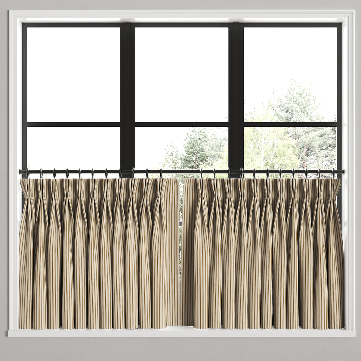 Pinch Pleat Cafe Curtains in Little White Line - Cognac