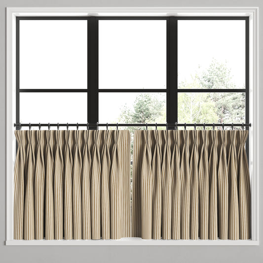 Pinch Pleat Cafe Curtains in Little White Line - Cognac