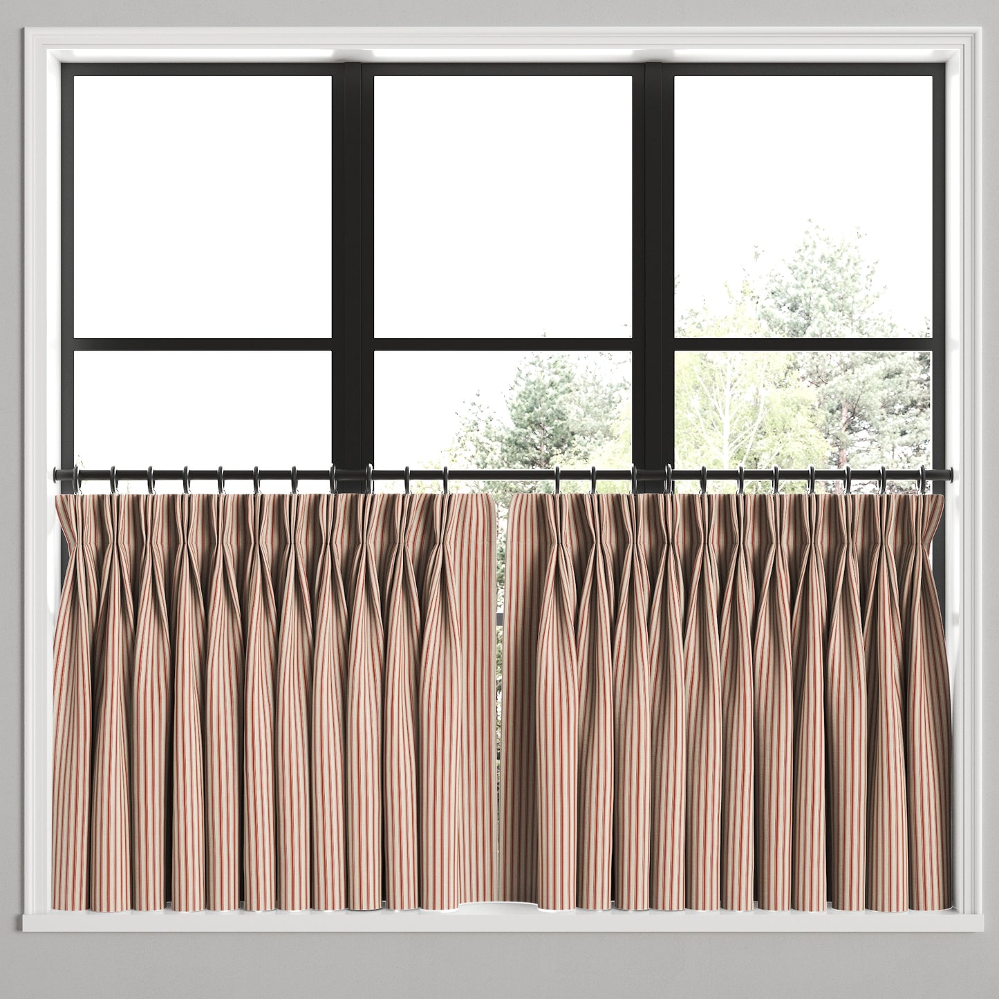 Pinch Pleat Cafe Curtains in Little White Line - Red