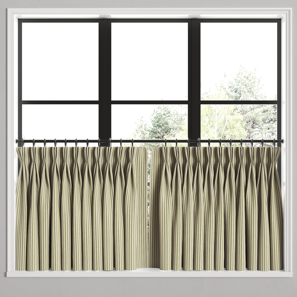 Pinch Pleat Cafe Curtains in Little White Line - Sage