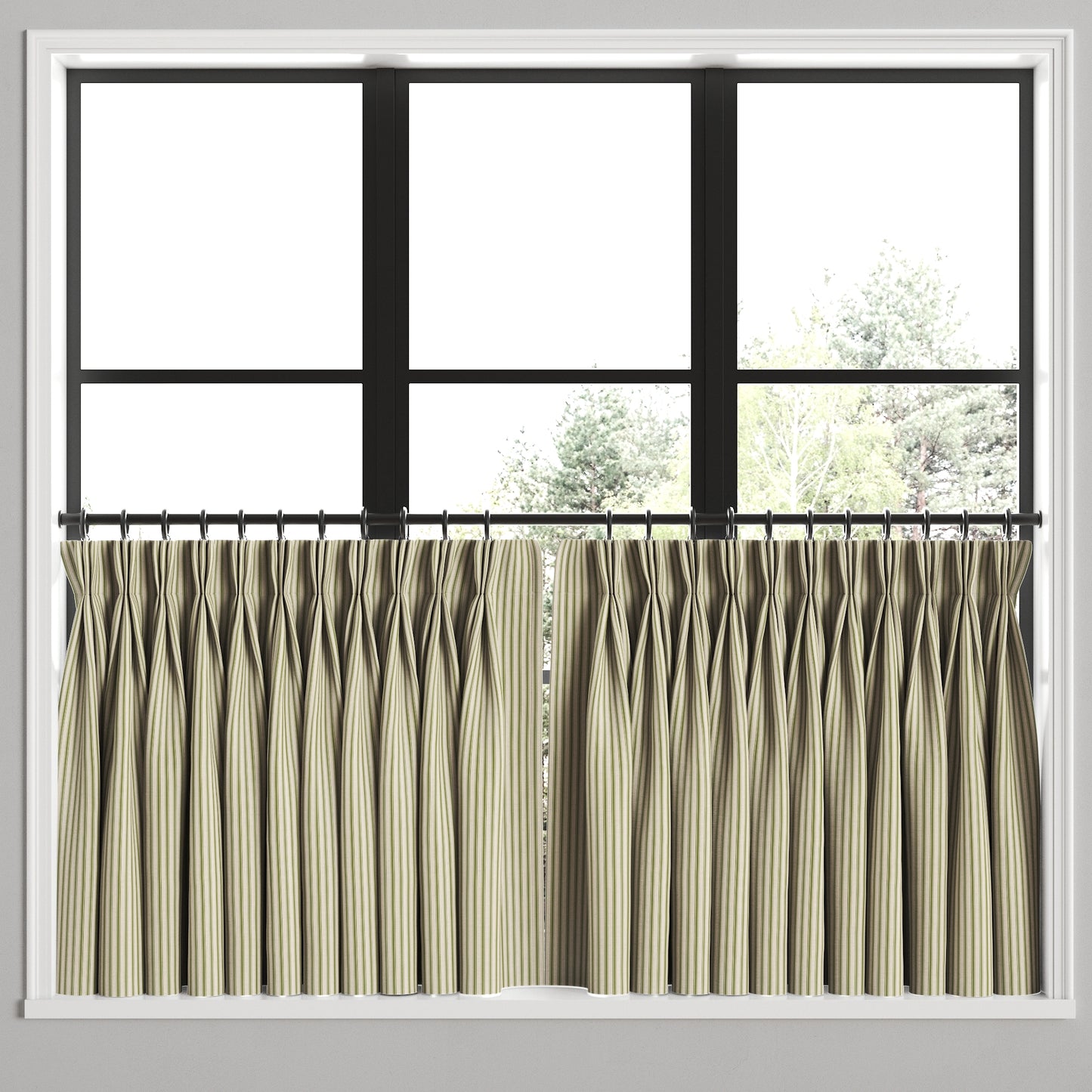 Pinch Pleat Cafe Curtains in Little White Line - Sage