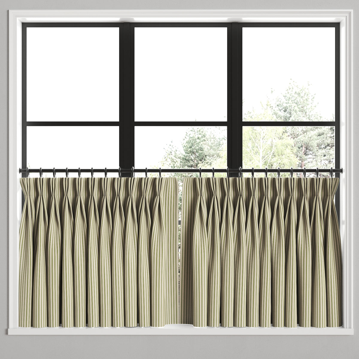 Pinch Pleat Cafe Curtains in Little White Line - Sage