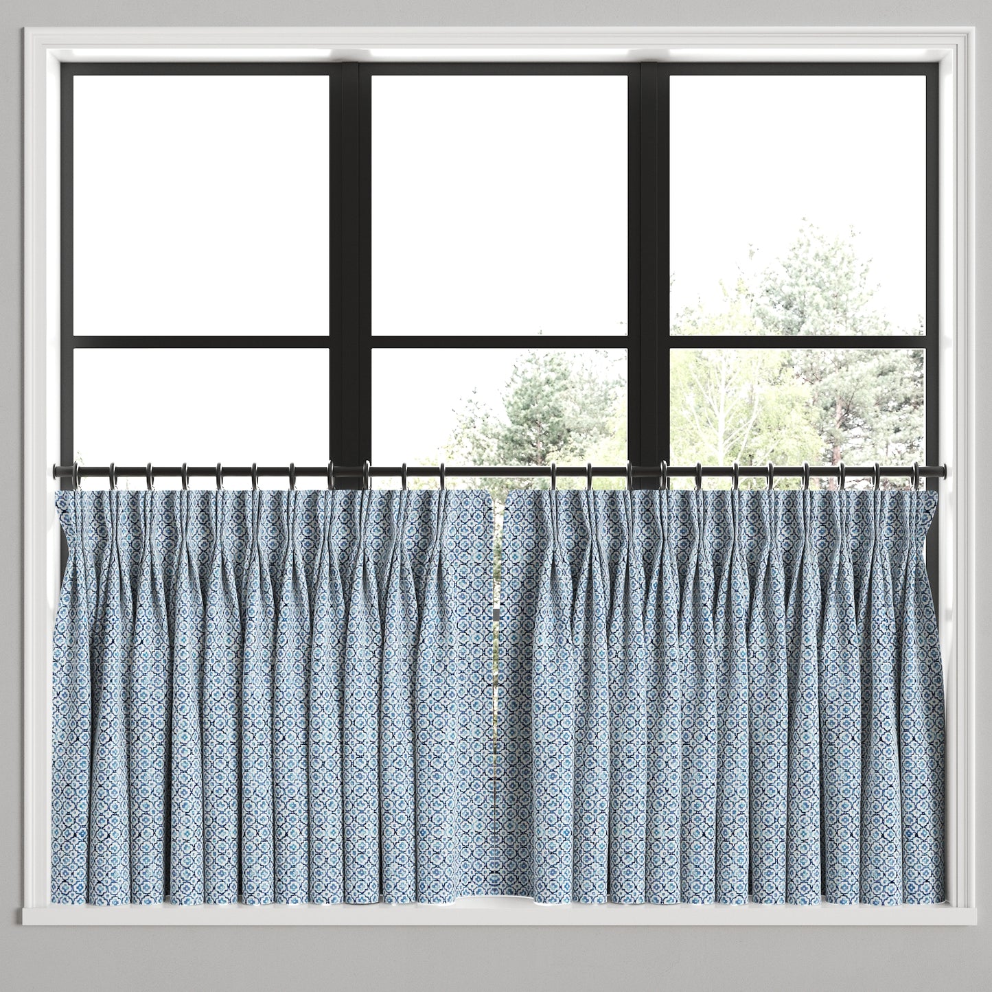 Pinch Pleat Cafe Curtains in Positive Print - Azure