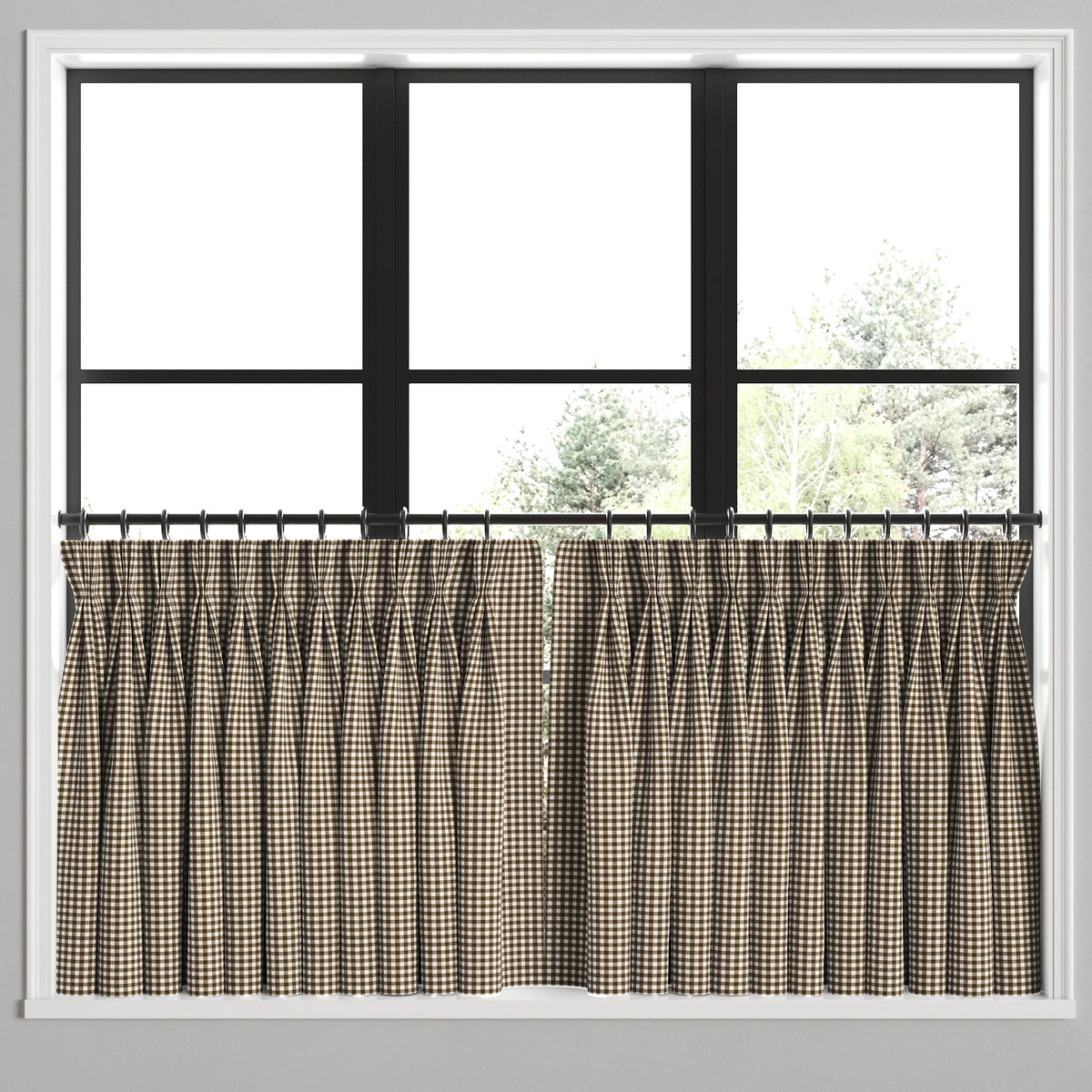 Pinch Pleat Cafe Curtains in Gingham - Chestnut