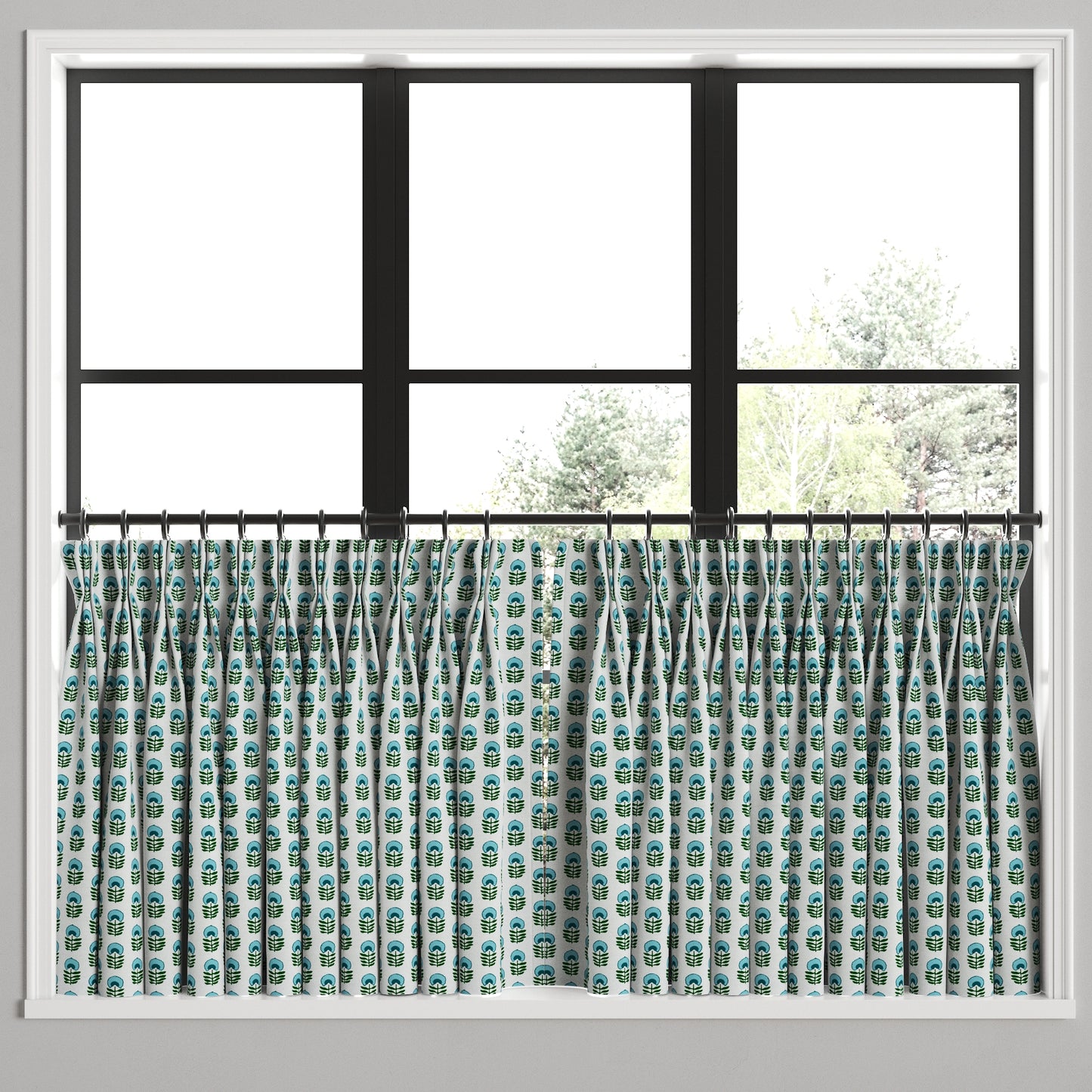 Pinch Pleat Cafe Curtains in Mini Florals - Mountain Teal