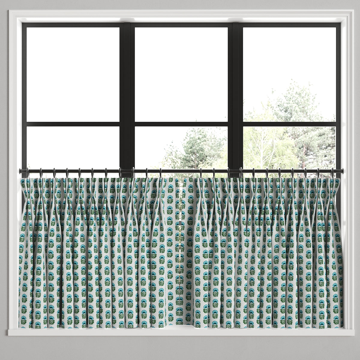 Pinch Pleat Cafe Curtains in Mini Florals - Mountain Teal