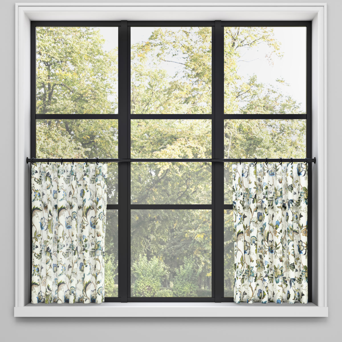 Convertible Pleat Cafe Curtain in Fleur de Leaf - True Blue