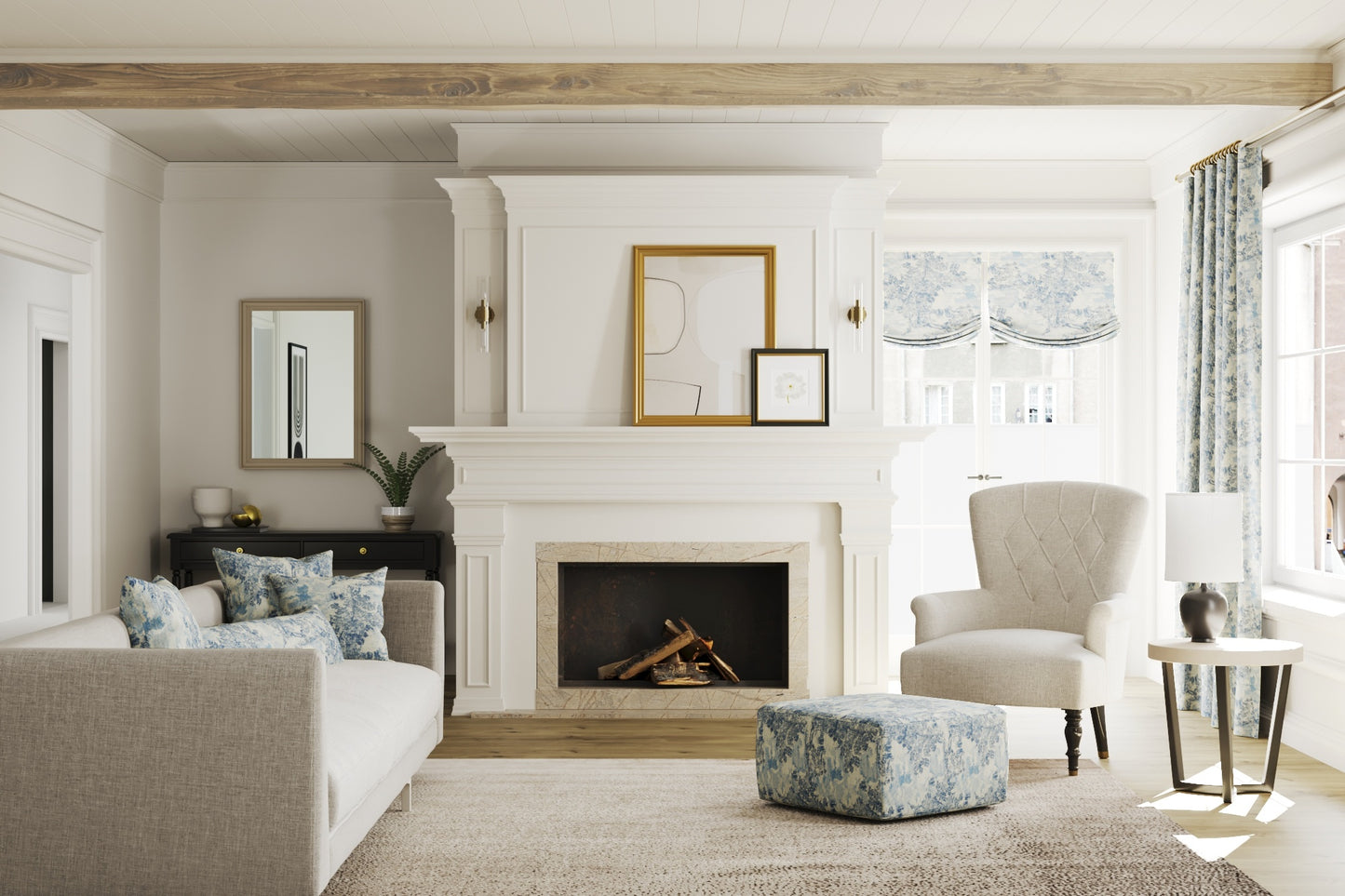 Square Pouf in Country Toile - Sapphire
