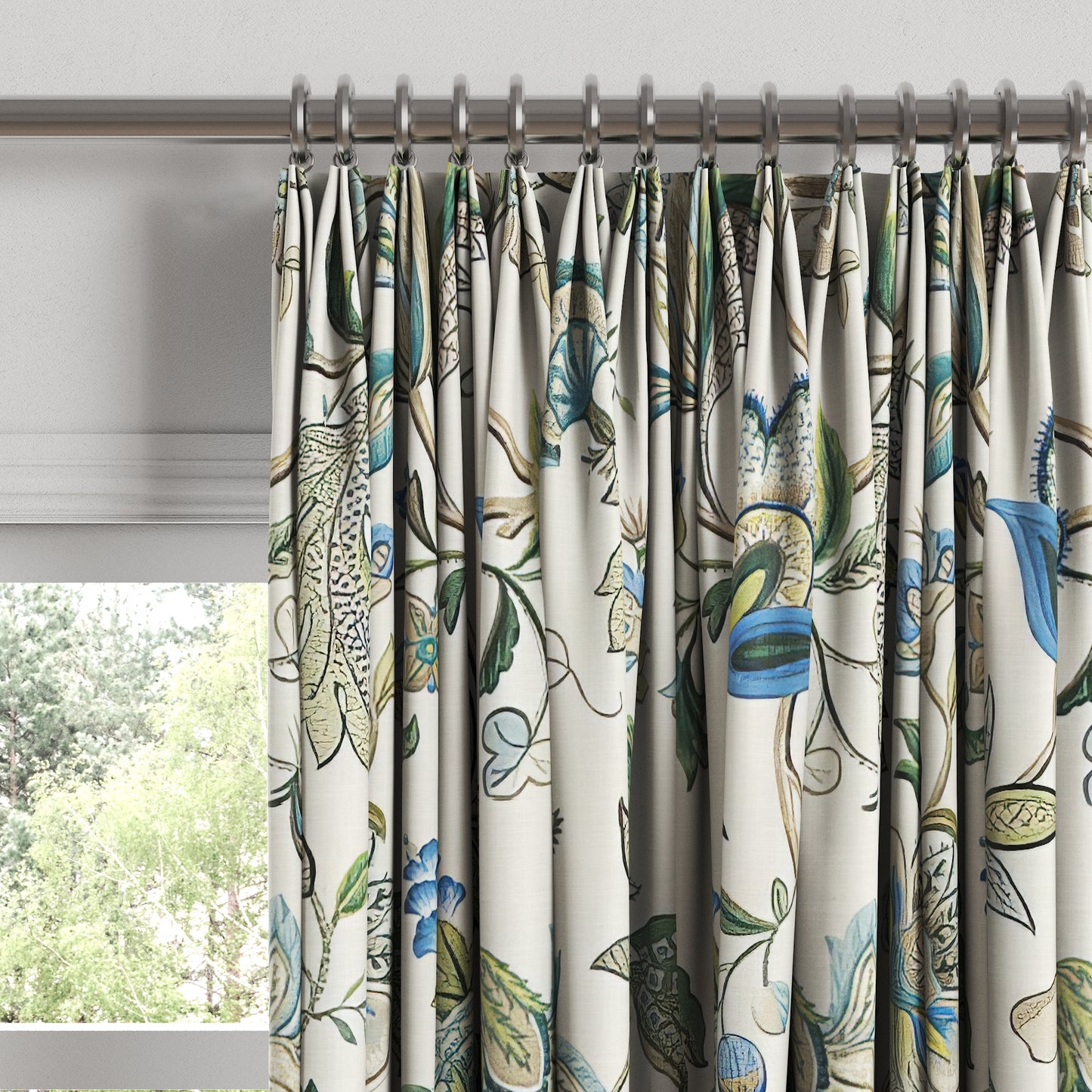 Euro Pleat Drapery in Fleur De Leaf - True Blue