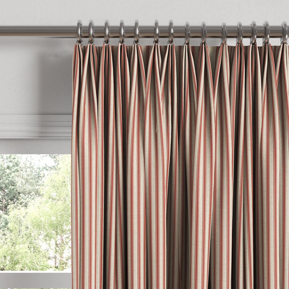 Euro Pleat Drapery in Little White Line - Red