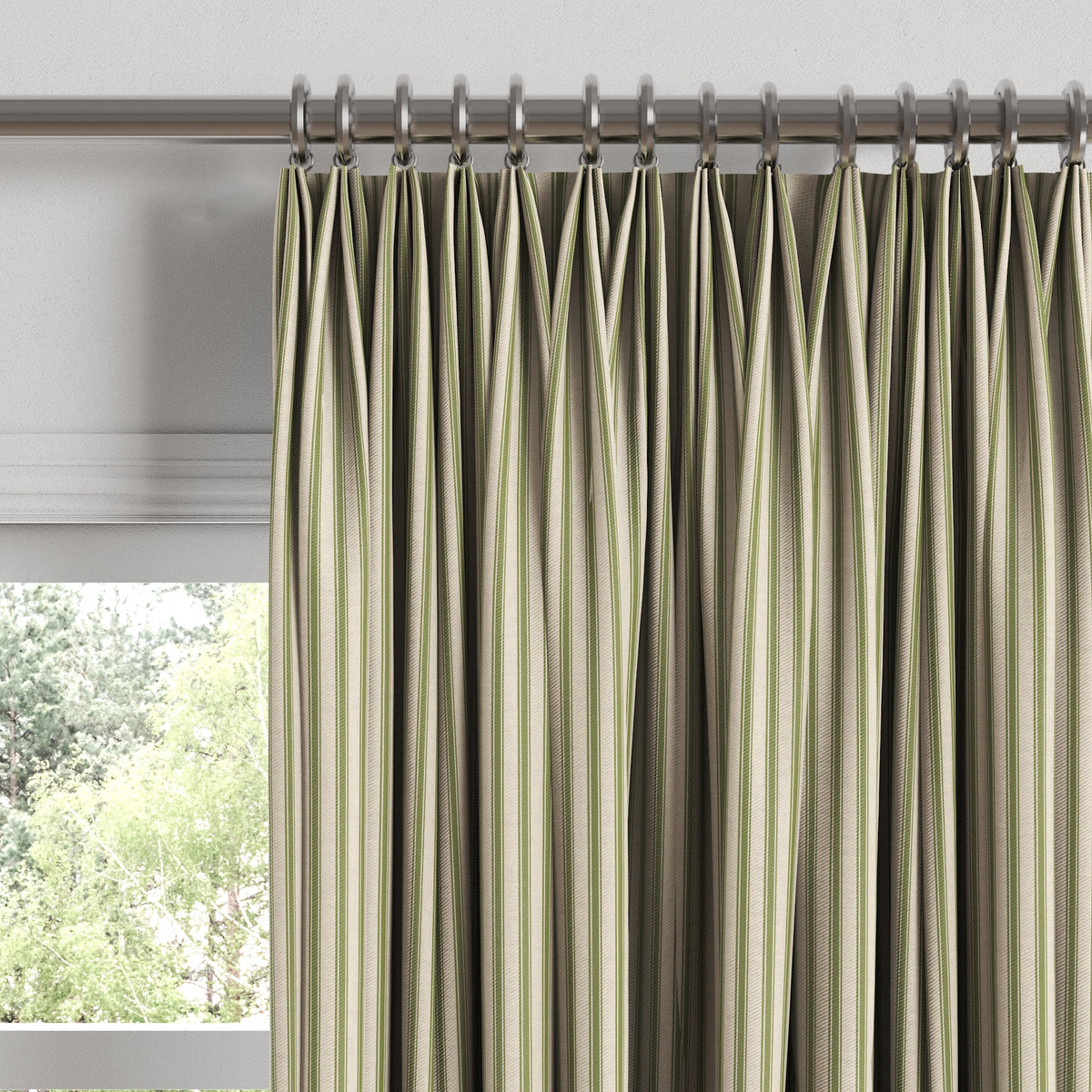 Euro Pleat Drapery in Little White Line - Sage