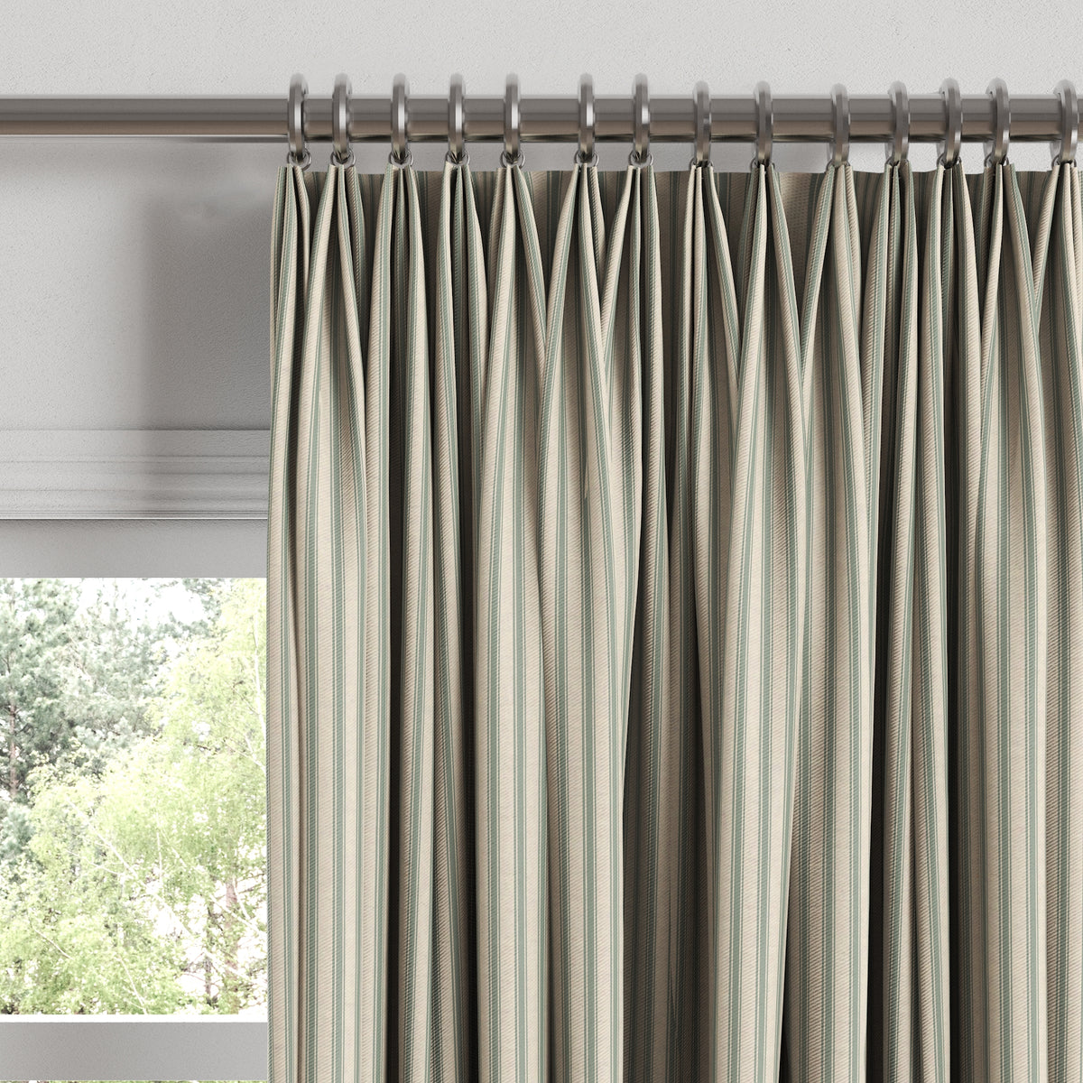 Euro Pleat Drapery in Little White Line - Seaglass
