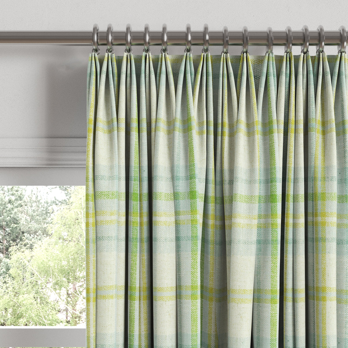 Euro Pleat Drapery in Summer Plaid - Seaglass