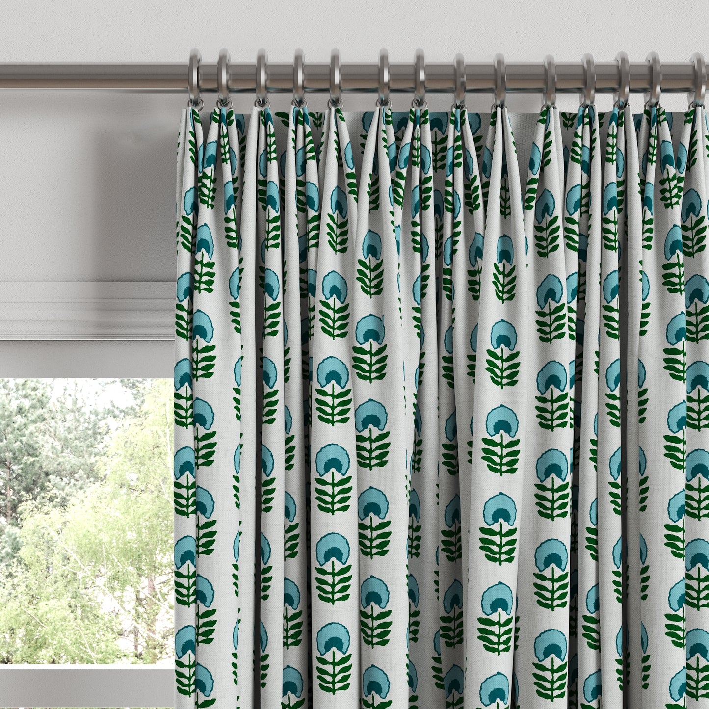 Euro Pleat Drapery in Mini Florals - Mountain Teal