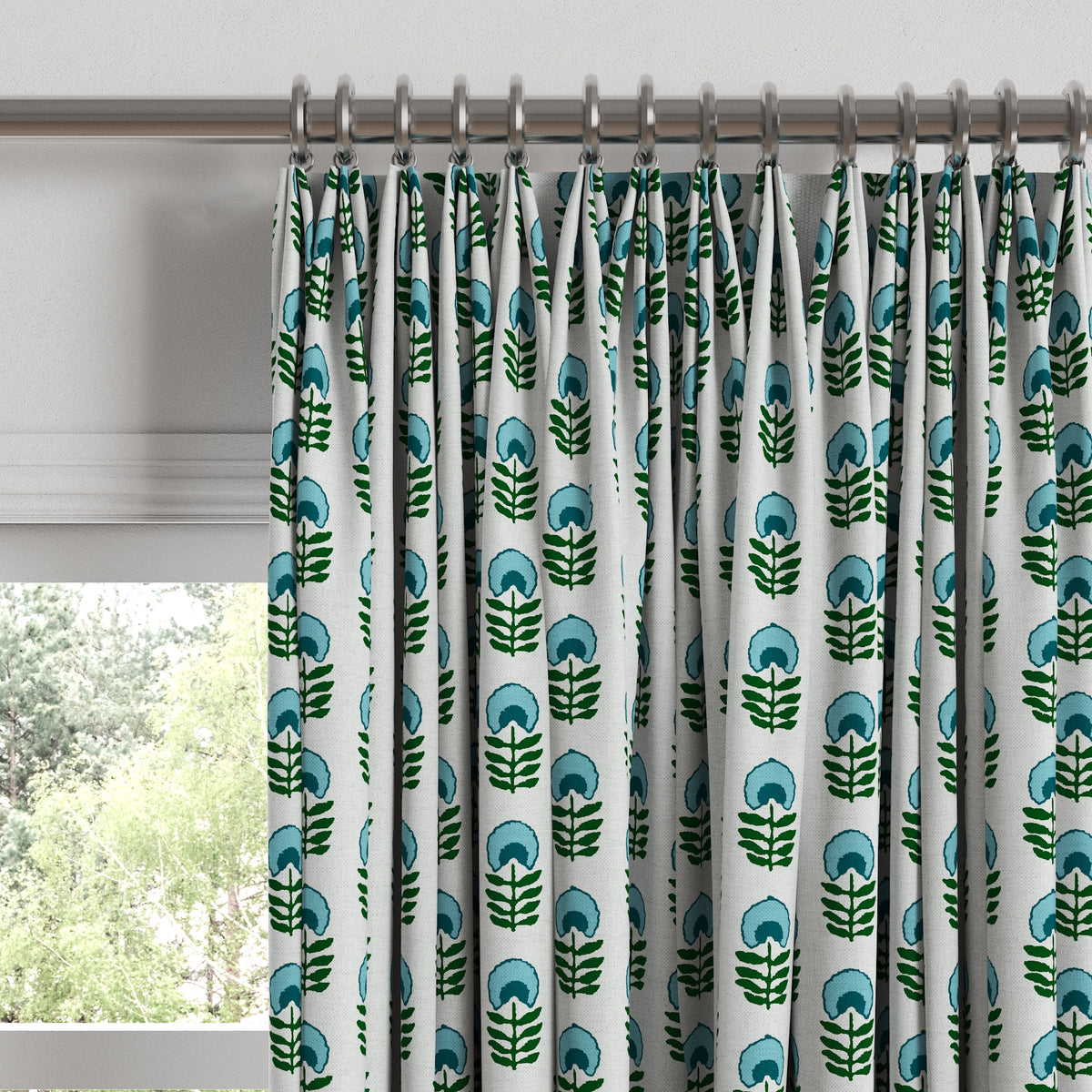 Euro Pleat Drapery in Mini Florals - Mountain Teal