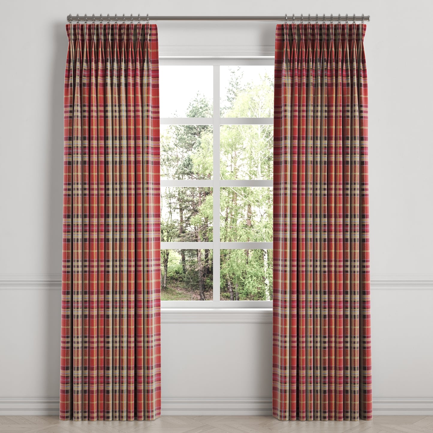 Pinch Pleat Drapery in Tartan - Redwood