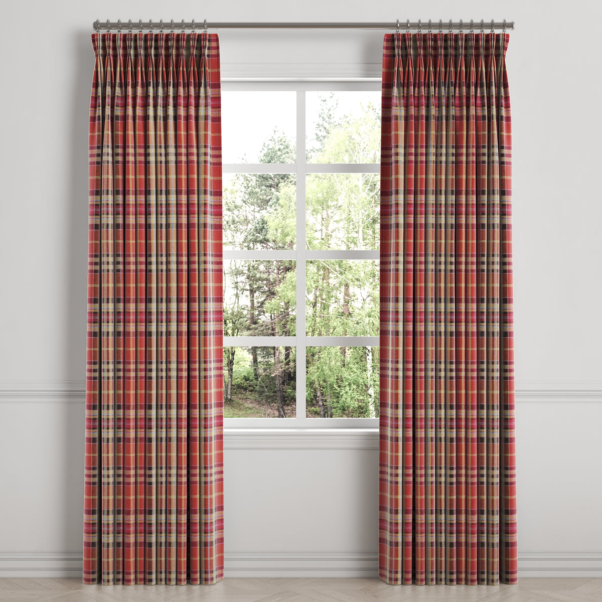 Pinch Pleat Drapery in Tartan - Redwood