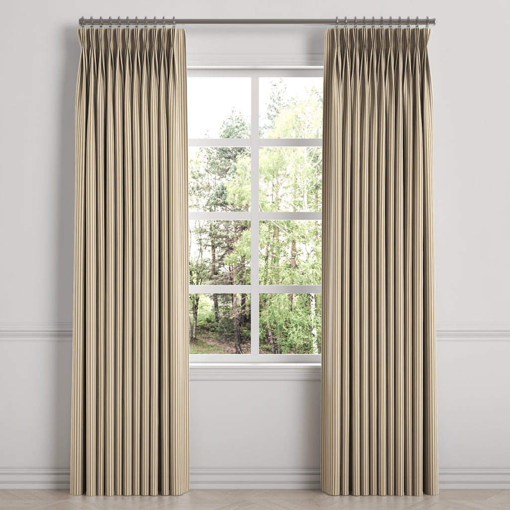 Pinch Pleat Drapery in Little White Line - Cognac