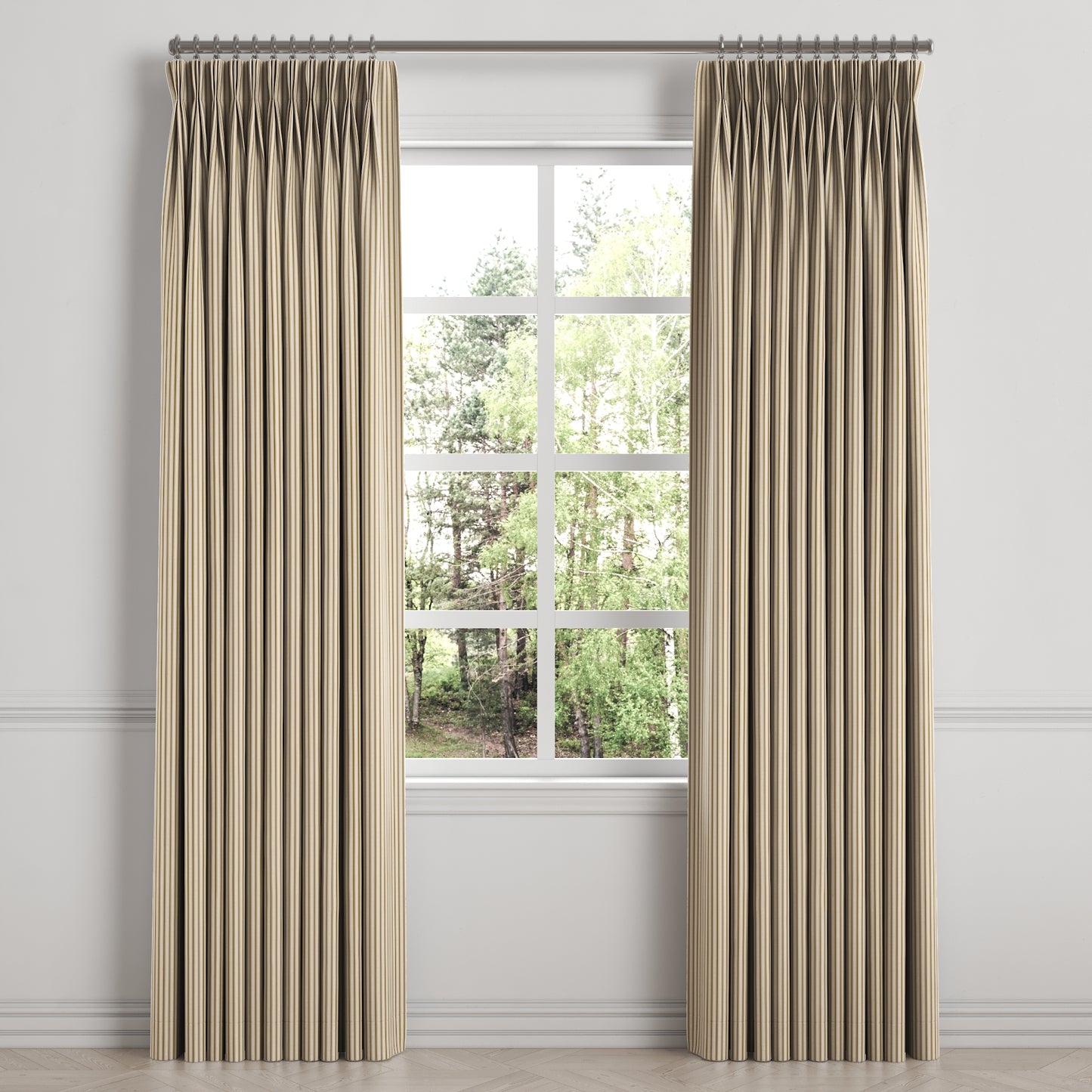 Pinch Pleat Drapery in Little White Line - Cognac