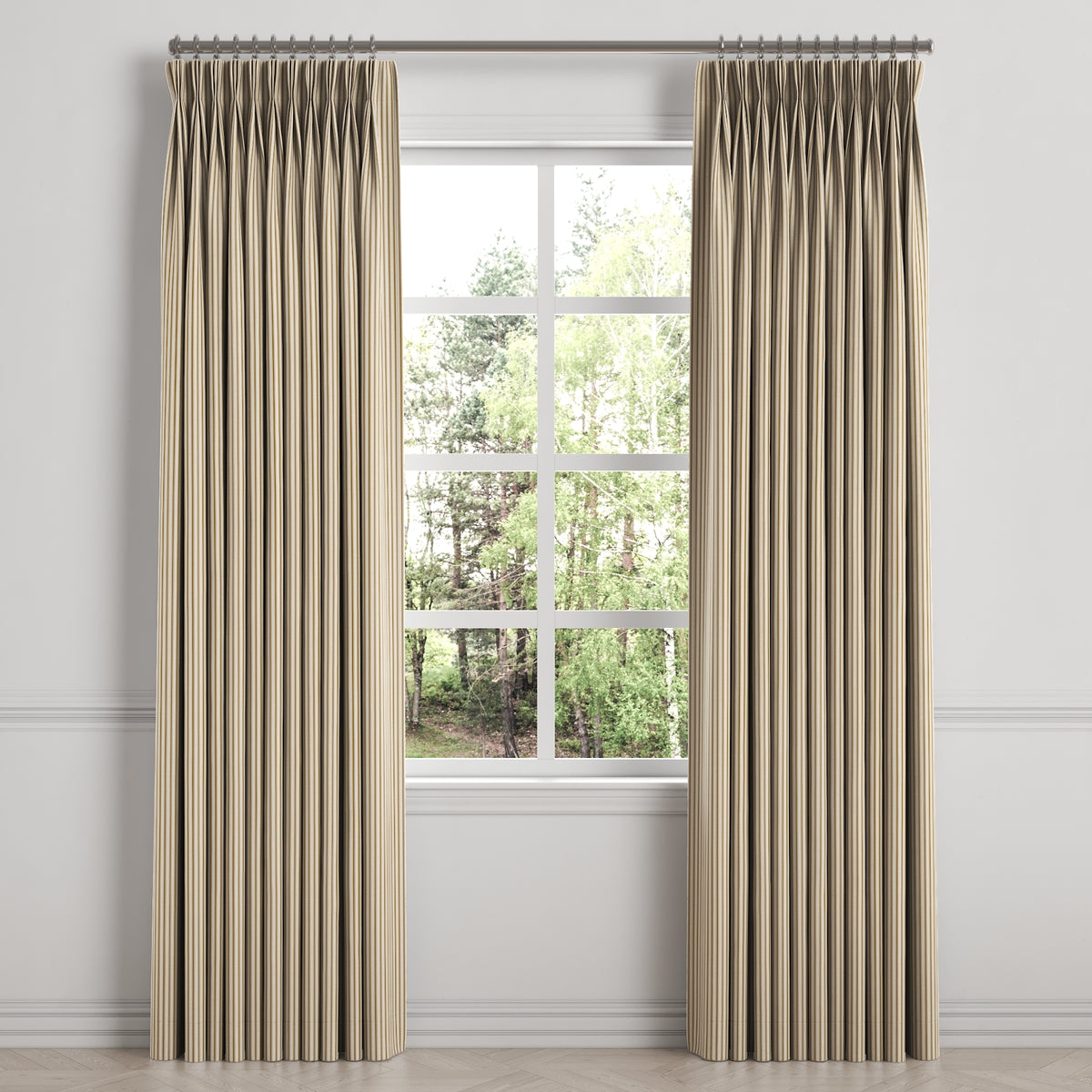 Pinch Pleat Drapery in Little White Line - Cognac