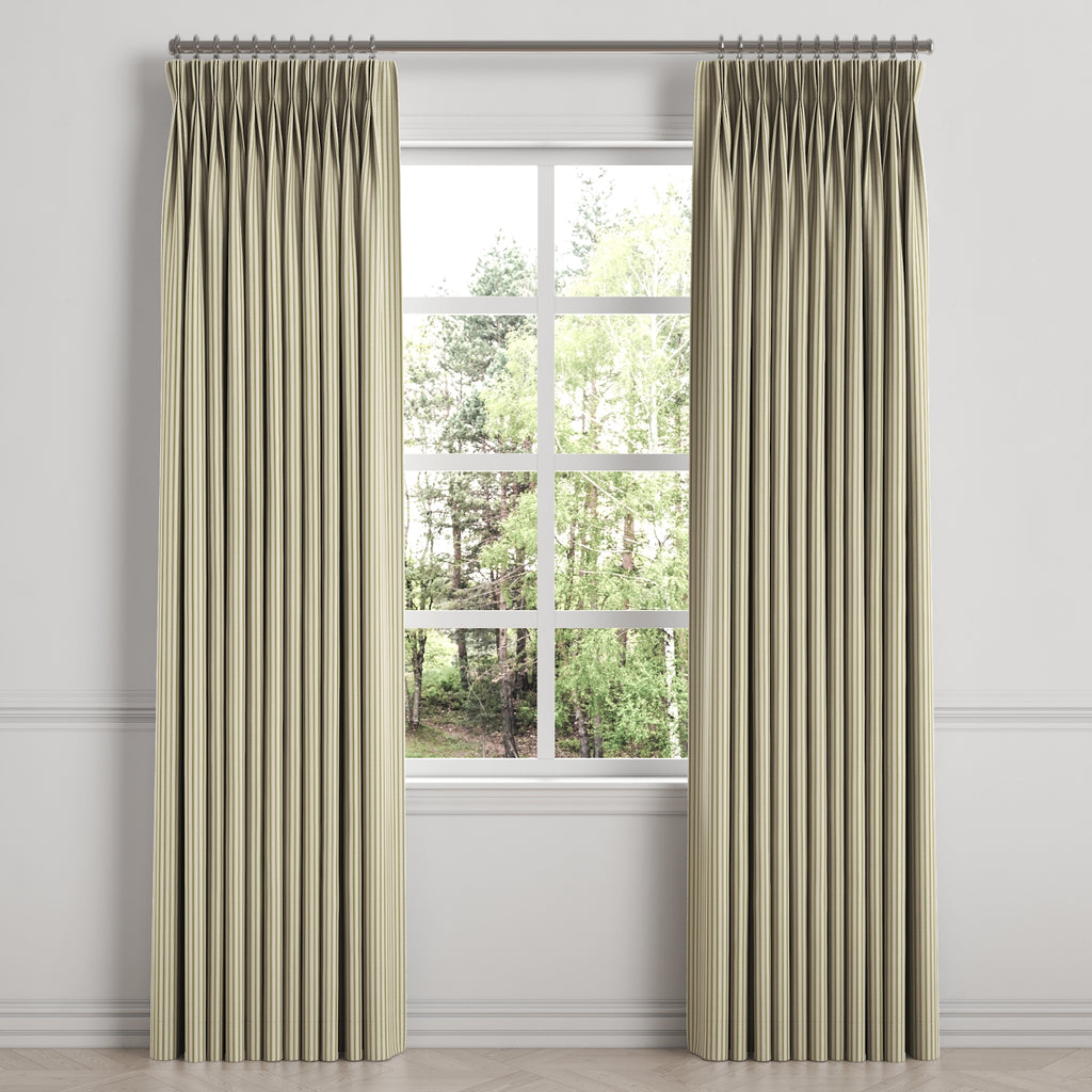 Pinch Pleat Drapery in Little White Line - Sage