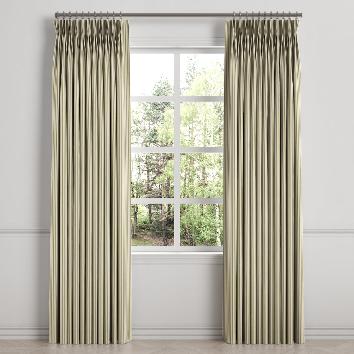 Pinch Pleat Drapery in Little White Line - Sage