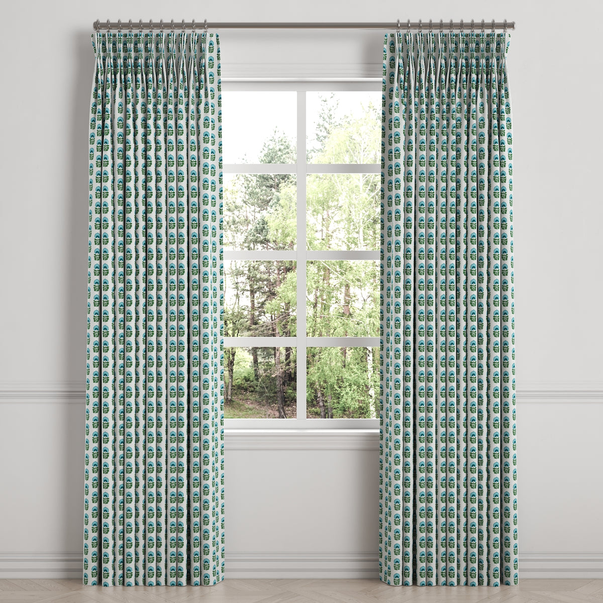 Pinch Pleat Drapery in Mini Florals - Mountain Teal